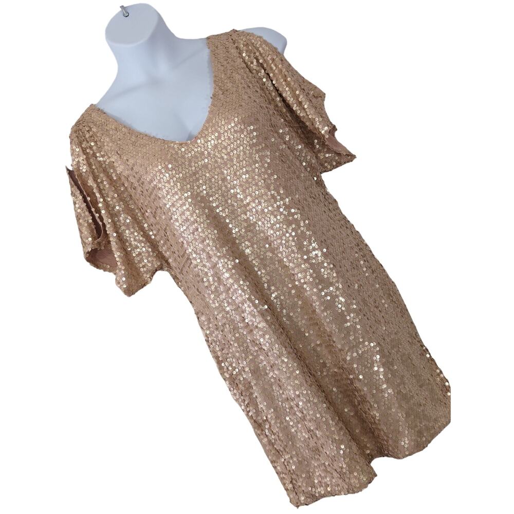 AS U WISH! SHIMMERY BEIGE/TAN STRETCH KNIT SEQUINNED PEEP SHOULDER DRESS! SZ XXL